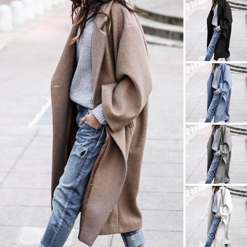 Casual Long Jacket With Pockets Solid Color Single Breasted Lapel Woolen Coat For Women Warm Winter Clothing - Hickstreetcorp