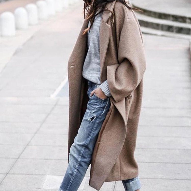 Casual Long Jacket With Pockets Solid Color Single Breasted Lapel Woolen Coat For Women Warm Winter Clothing - Hickstreetcorp