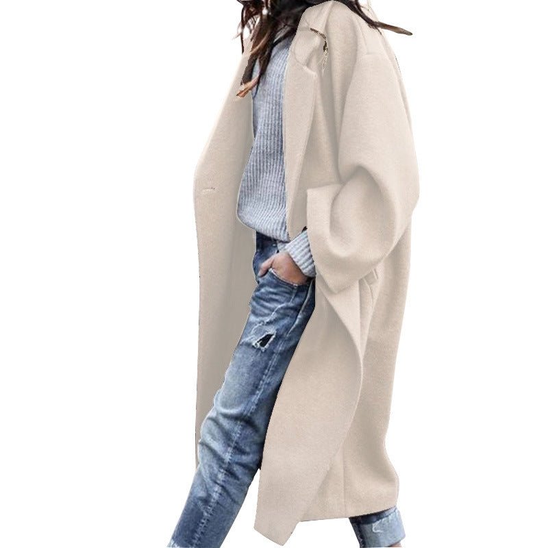 Casual Long Jacket With Pockets Solid Color Single Breasted Lapel Woolen Coat For Women Warm Winter Clothing - Hickstreetcorp