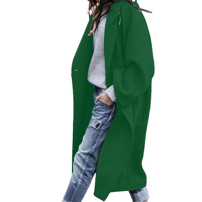 Casual Long Jacket With Pockets Solid Color Single Breasted Lapel Woolen Coat For Women Warm Winter Clothing - Hickstreetcorp