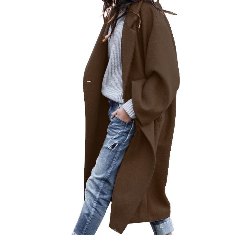 Casual Long Jacket With Pockets Solid Color Single Breasted Lapel Woolen Coat For Women Warm Winter Clothing - Hickstreetcorp